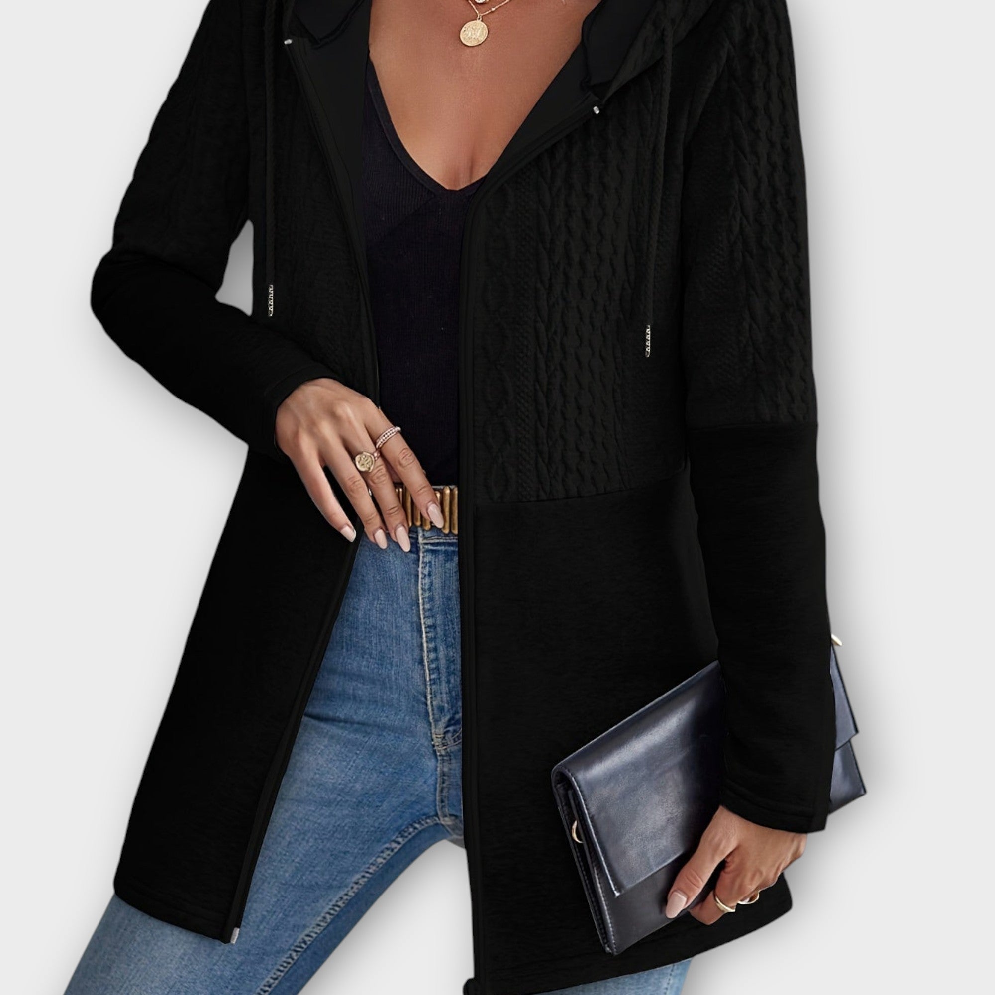 Ženski laneni suknjič s kapuco, z zadrgo in elegantno teksturo